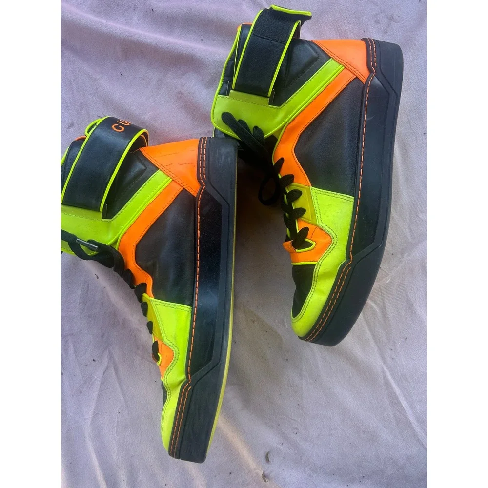Gucci Coda High Top Sneakers Black Leather Neon Yellow Orange 386738 Mens 8.5G